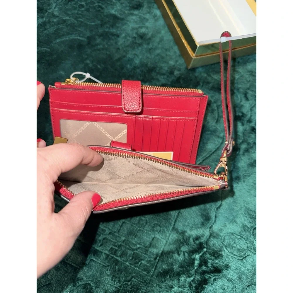 Michael‎ Kors Jet Set Double Zip Wristlet Crimson Red Leather Wallet 32T7GAFW4L
